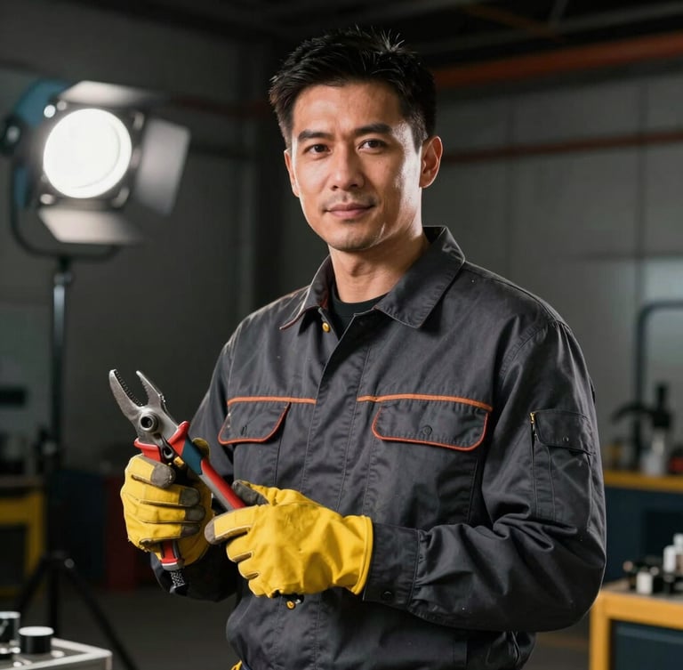 Environmental portrait of a confident electrician in a dark charcoal work shirt with safety gear, holding tools, dramatic industrial lighting, high contrast