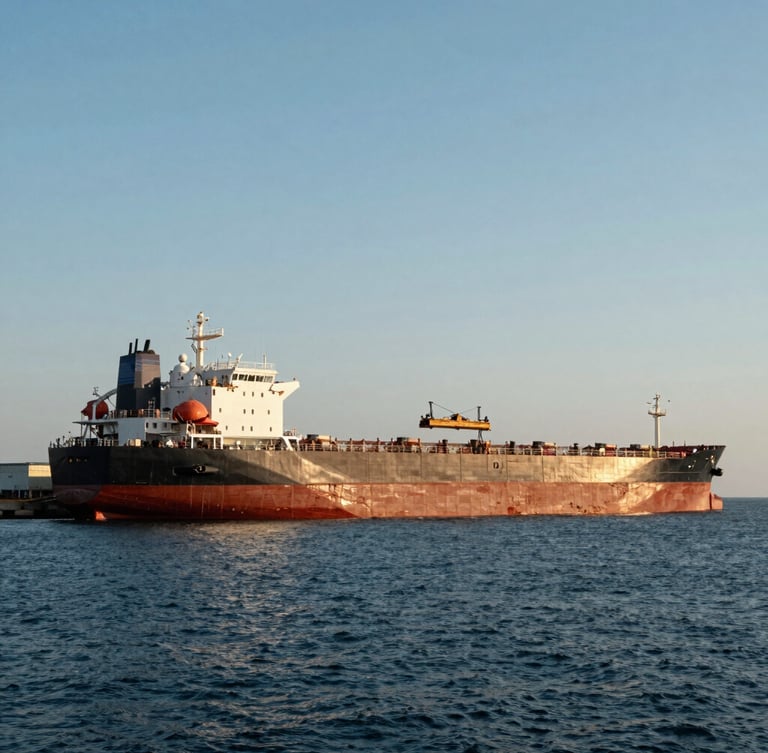Wide-angle side view of a modern double-hull tanker vessel docked at an industrial port terminal, loading arms connected, crisp daylight, 35mm