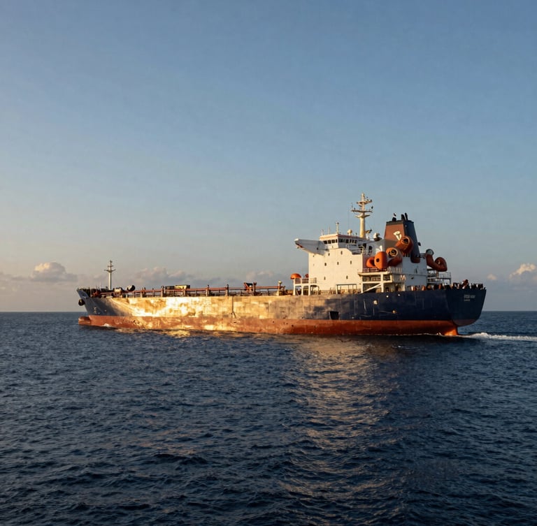 Wide-angle editorial maritime photography of a modern double-hull tanker vessel sailing through calm Indonesian waters during golden hour, deep ocean navy tones, sharp industrial details, 35mm