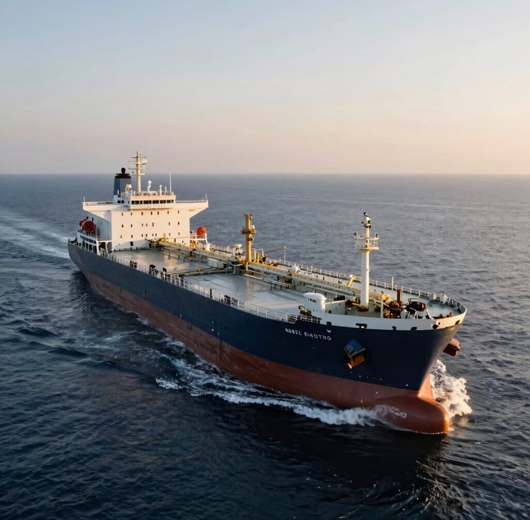 Wide-angle heroic view of a modern double-hull oil tanker navigating calm deep ocean waters during early morning golden hour, sharp industrial details, 35mm photography