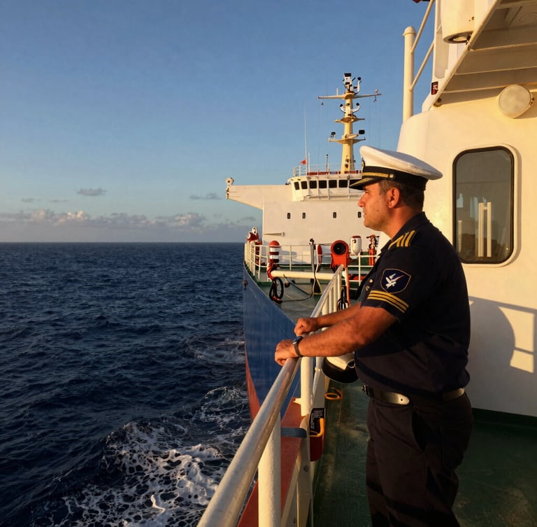 A professional ship captain on the bridge of a modern tanker vessel, dramatic early morning golden hour light, deep ocean navy tones, looking out through the window, sharp detail, wide-angle lens, 35mm