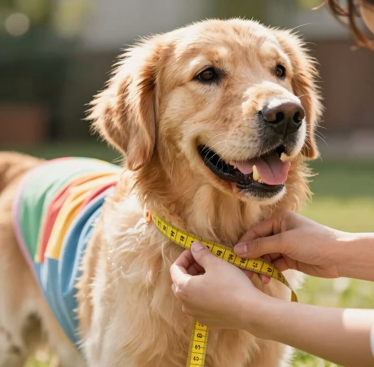 Close-up of hands gently measuring a happy golden retriever's chest with a yellow measuring tape, bright warm sunlight, soft focus, professional pet care