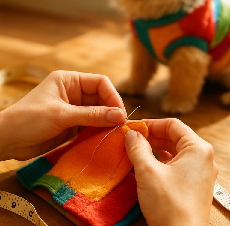 warm natural photography, close-up of hands sewing a colorful pet garment with measuring tape nearby, soft sunlight, warm tones
