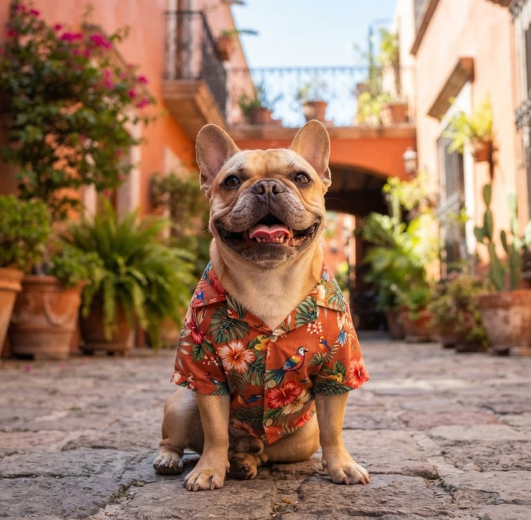 warm natural photography, bright sunlight, a happy French Bulldog wearing a vibrant terracotta tropical floral shirt, Celaya courtyard background, shallow depth of field, 35mm
