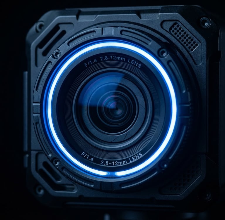 Macro close-up of a high-end IP camera lens with sharp electric blue LED ring light, technical geometric lines, dark high-contrast technology photography, 35mm