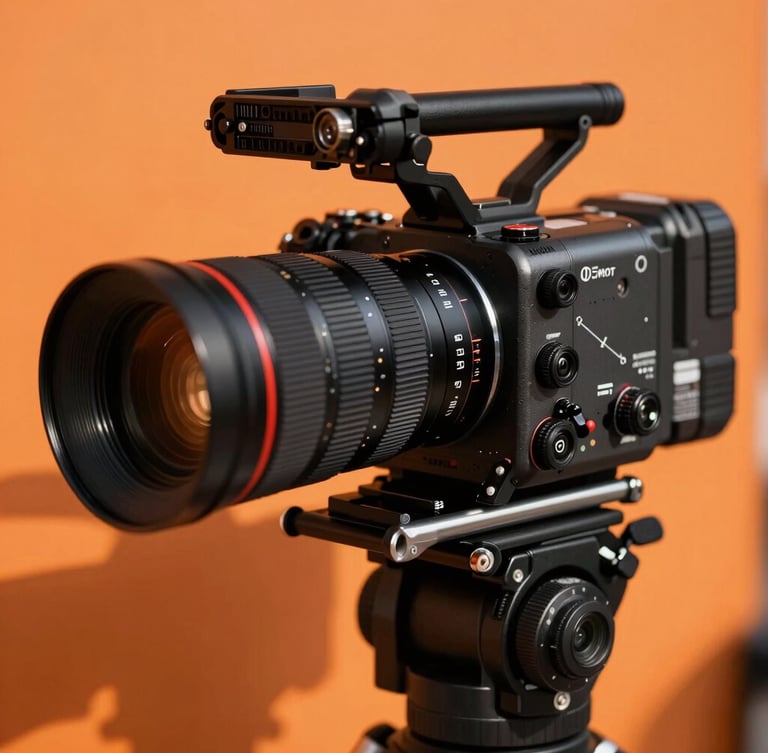 Dynamic close-up of a high-end commercial camera rig under hard direct sunlight, sharp shadows, vivid orange backdrop, 35mm lens