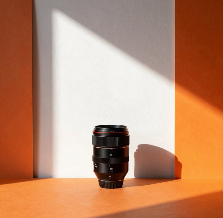 Vibrant commercial photography studio scene, hard direct sunlight casting sharp geometric shadows on a stark white wall, high-contrast saturated orange and blue accents, 35mm lens