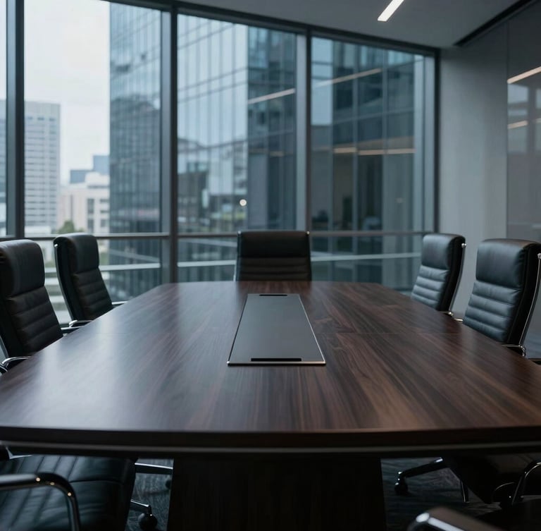 Low-key dramatic lighting of an elegant executive boardroom, polished dark wood table, leather chairs, sharp architectural glass reflections in the background, cool slate gray tones.