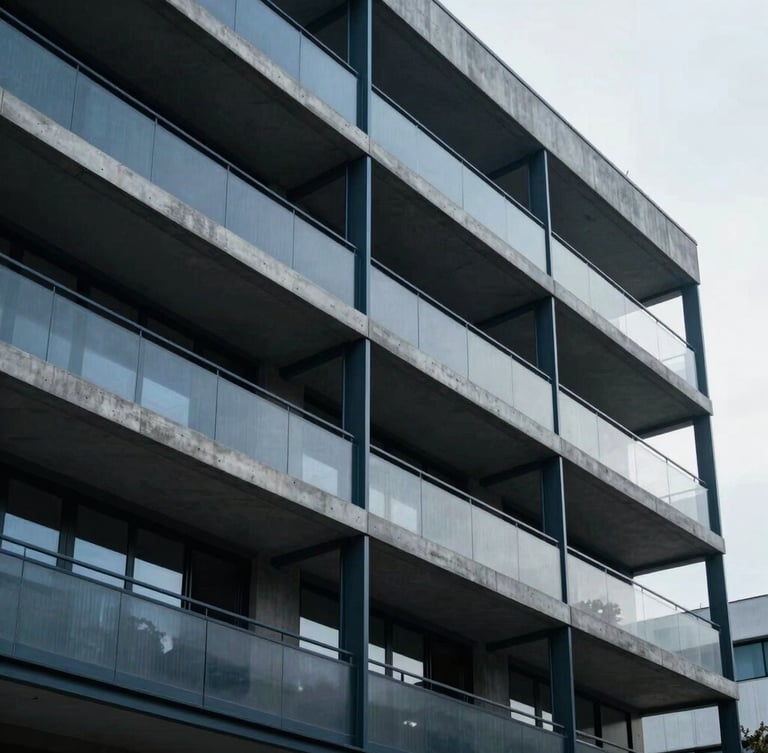 Sharp architectural detail of a modern concrete and steel residential facade in Mexico, cool daylight, clean minimalist lines, high contrast shadows.