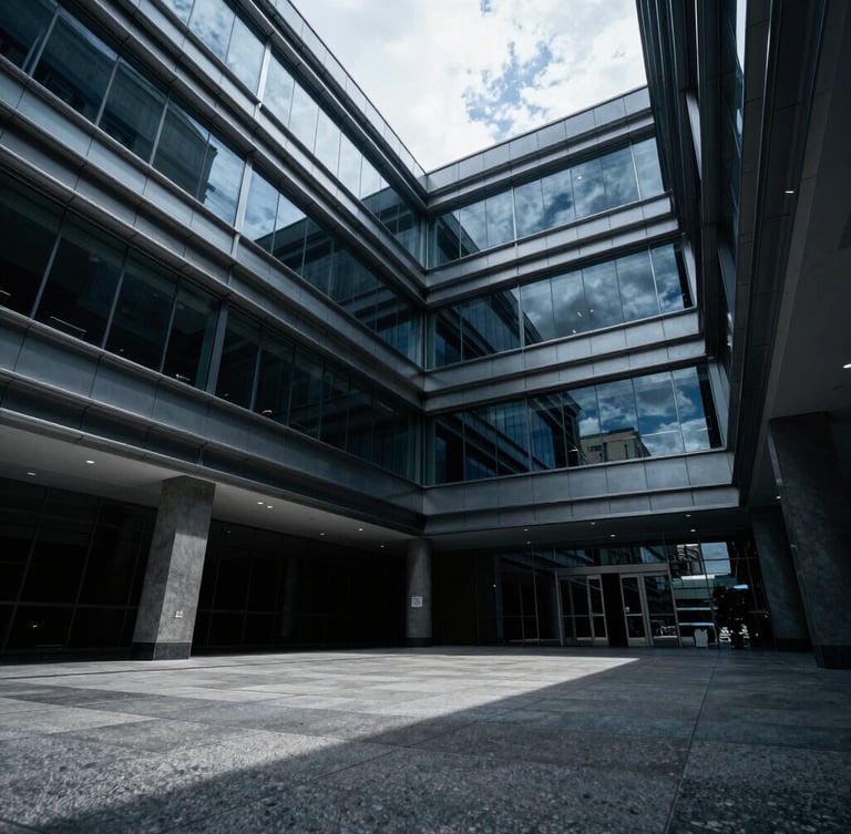 Wide-angle low-key dramatic shot of a luxury corporate office interior in León, Guanajuato, sharp architectural lines of steel and glass, polished concrete, deep shadows, cool daylight, cinematic corporate photography, 35mm