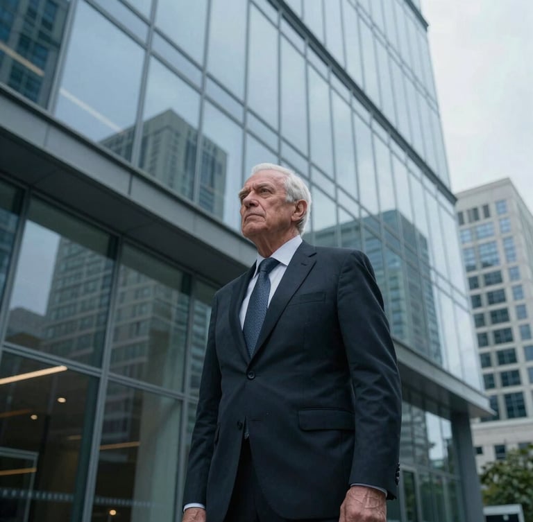Low-angle dramatic portrait of a senior legal strategist in a sharp dark suit, standing in front of a modern glass facade with reflections of corporate buildings, cool overcast daylight, steel blue tones.