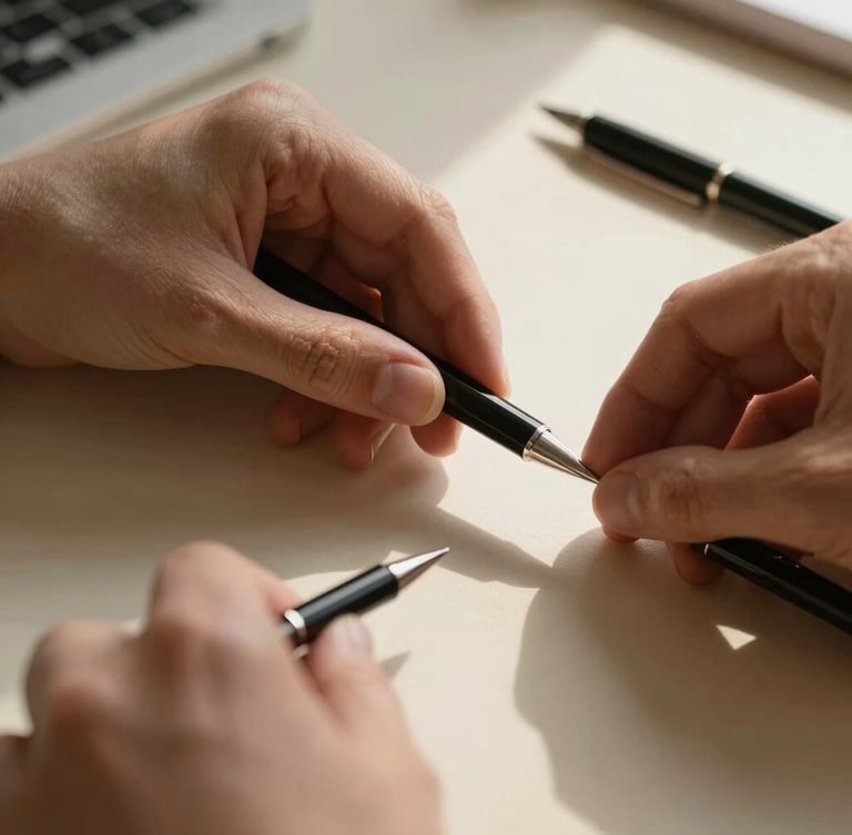 Macro close-up shot of hands organizing high-quality stationery on a warm cream desk, soft natural morning light casting delicate architectural shadows, minimalist aesthetic.