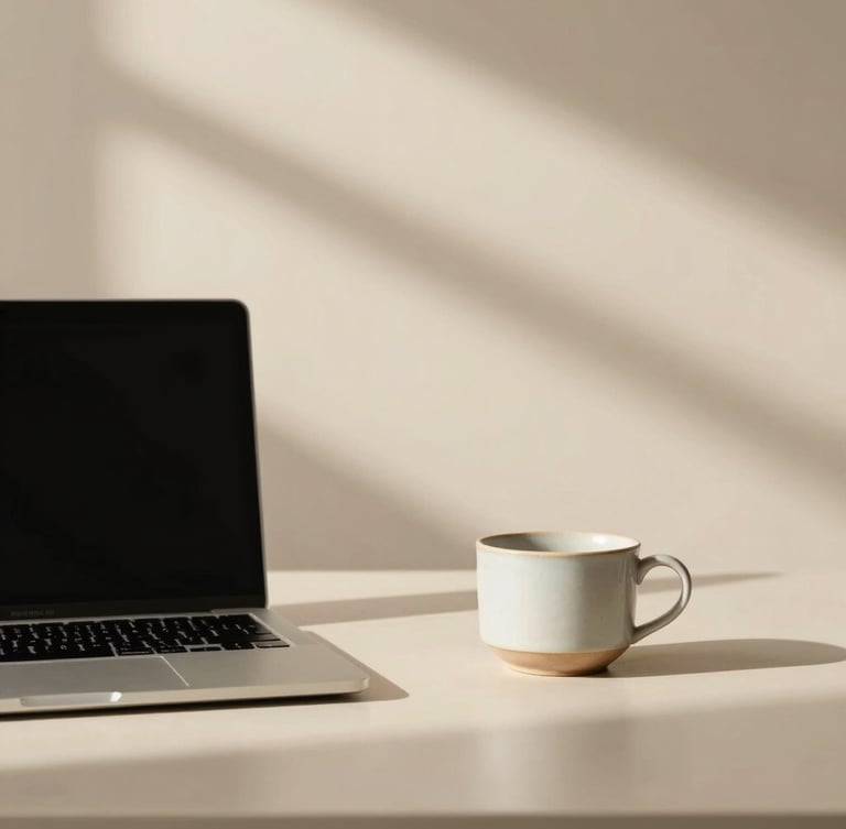Minimalist workspace with soft morning shadows on a warm cream wall, a sleek laptop, and a single ceramic cup, overhead crop, elegant and calm.