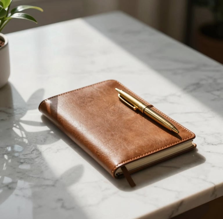 A minimalist, sunlit workspace with a clean marble desk, a closed leather notebook, a sleek brass pen, and soft shadows cast by a nearby plant.