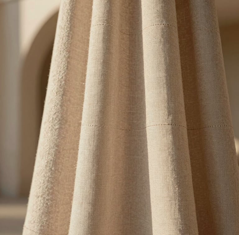 Close-up of premium woven linen fabric, showing intricate stitching and architectural drape, soft diffused daylight, warm editorial photography, 35mm