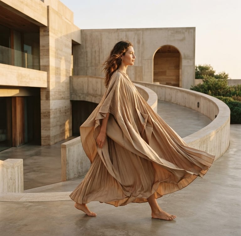 Model wearing a fluid maxi dress in soft sand color, showcasing architectural drape and movement, set against an elegant minimalist architectural backdrop, soft golden-hour sunlight, medium-long shot, 35mm, bleeding to the right edge.