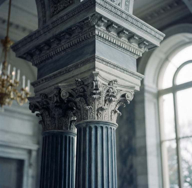 Architectural detail of a grand neo-classical diplomatic hall in Washington D.C., soft overcast daylight, muted slate and navy tones, shallow depth of field, 35mm film