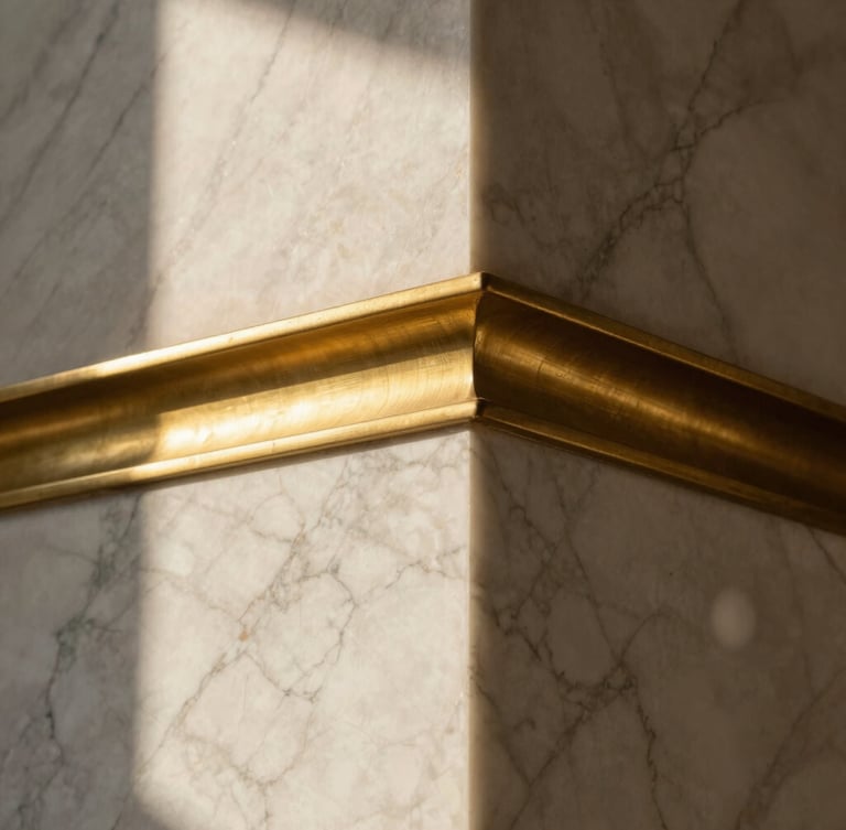 A detailed close-up of a luxury interior wall junction, showcasing veined white marble meeting brushed brass trim, dramatic low-angle golden hour lighting, architectural precision.