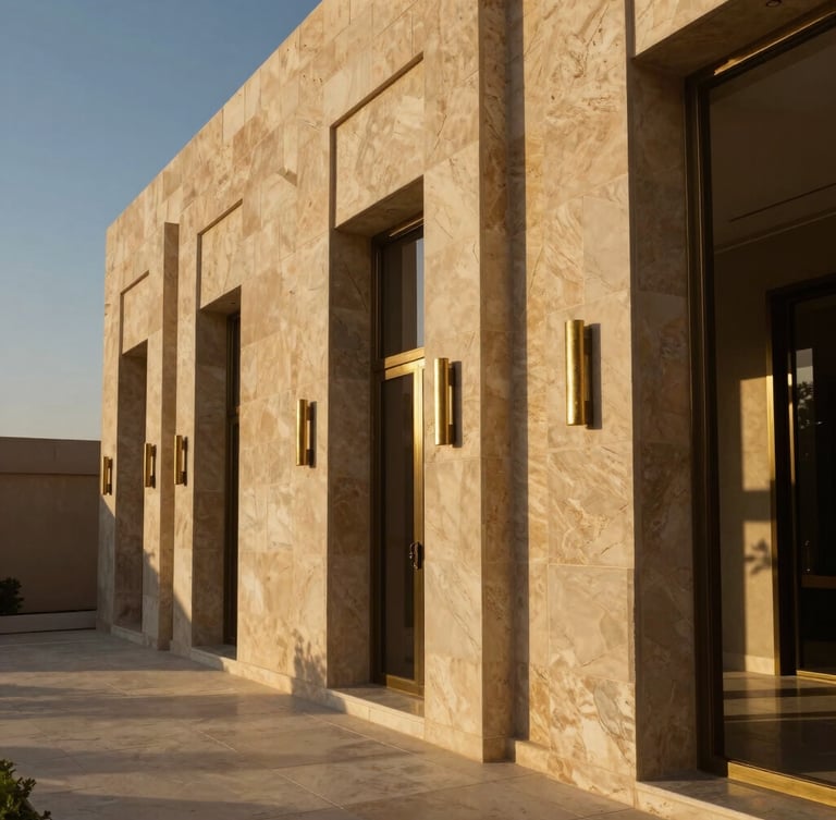 Dramatic golden-hour architectural photography of a minimalist limestone villa facade in Riyadh, sharp one-point perspective, deep shadows, brass detailing.