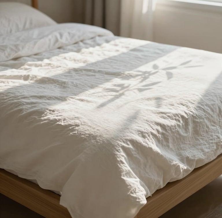 Close-up of crisp, sun-drenched white linen sheets on a low wooden bed, soft morning light casting delicate leaf shadows across the fabric, serene and tactile.