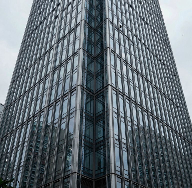 Symmetrical structural geometry of a modern glass and steel skyscraper facade, sharp linear perspective, cool overcast daylight, deep depth of field