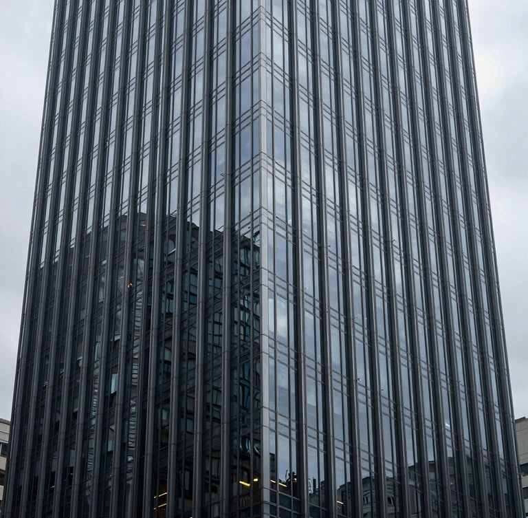 Sharp, linear, and symmetrical close-up of a glass-and-steel skyscraper facade reflecting an overcast gray sky, deep depth of field, high-contrast cool studio lighting.