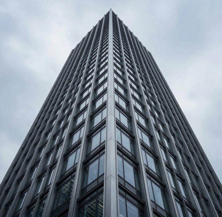Symmetrical low-angle shot of a modern steel and glass skyscraper facade rising into a cool overcast sky, sharp linear geometry, high contrast.