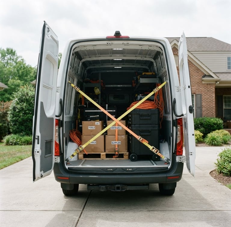 A clean, modern cargo van parked in a suburban driveway under bright overcast daylight, heavy-duty straps securing cargo inside, sharp 35mm photography.