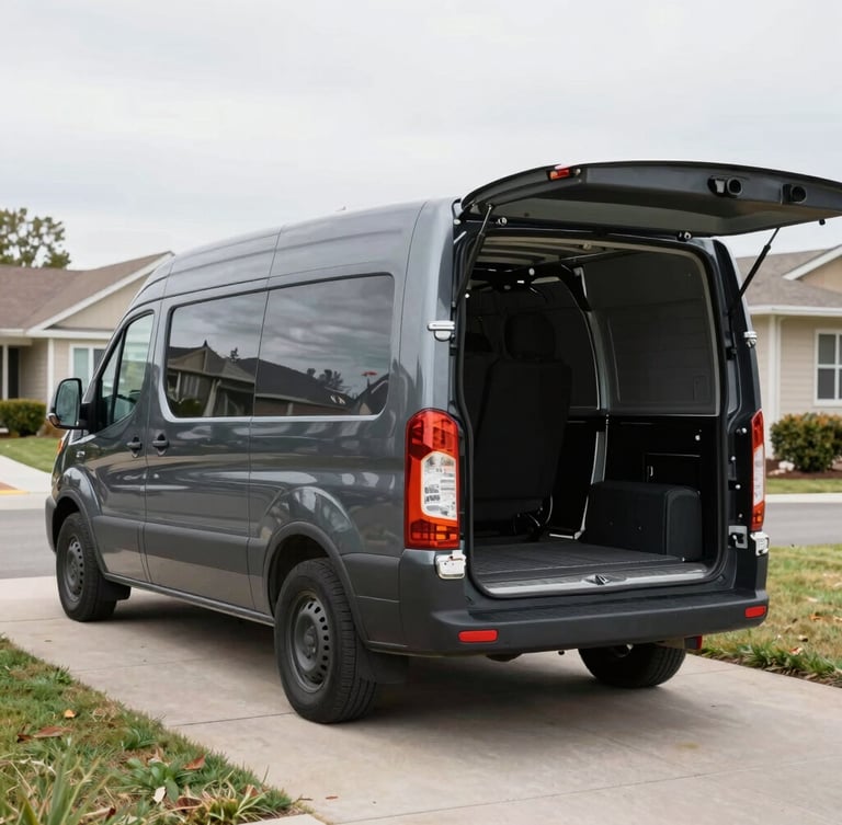 Medium environmental shot of a clean, dark charcoal cargo van parked in a suburban driveway under bright overcast daylight, tailgate open and ready for loading.