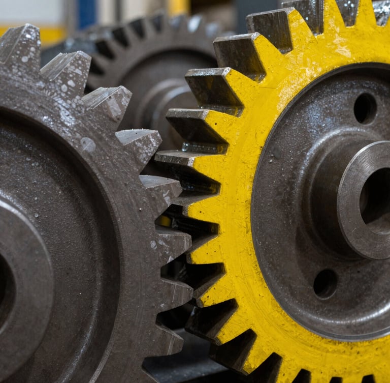 Close-up of heavy steel industrial gears with safety-yellow paint accents, sharp high-contrast warehouse lighting, gritty metallic texture.