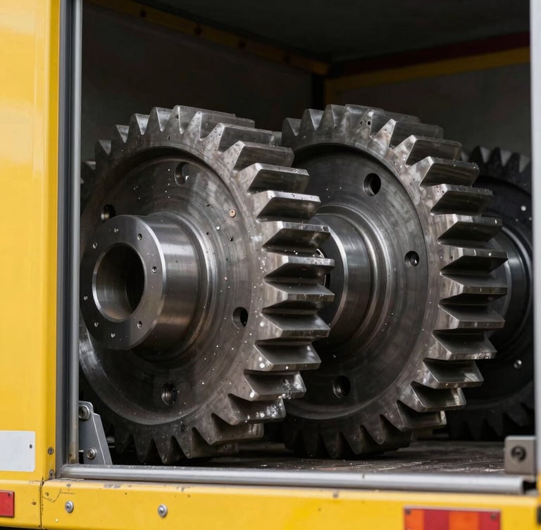 Close-up of industrial gears being loaded into a delivery truck, high-contrast sharp warehouse lighting, metallic and safety-yellow tones
