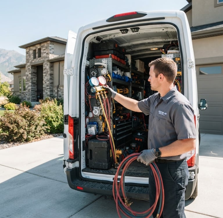 HVAC service technician loading tools into a fully stocked white service truck parked in a modern suburban Vineyard driveway during bright Utah daylight, focused on hands and tools, authentic home service.