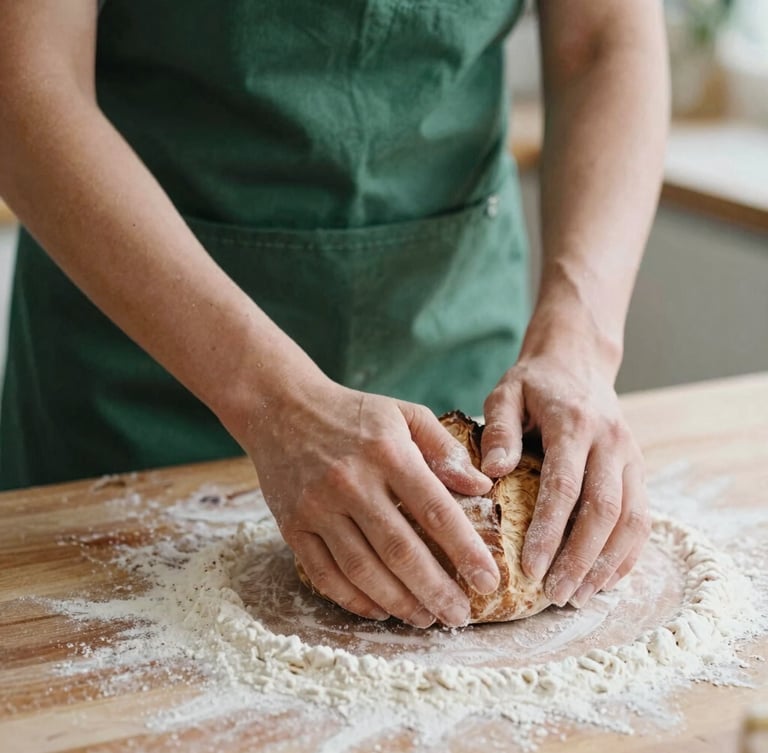 Close-up of hands kneading rustic sourdough on a flour-dusted wooden counter, soft natural side daylight, matte forest green apron visible, 35mm film.