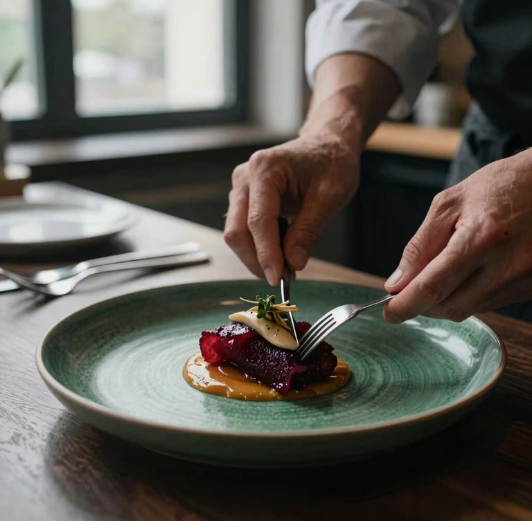 A close-up of a chef's hands carefully plating a dish in a moody, Scandinavian-designed restaurant kitchen, natural window light, soft shadows.
