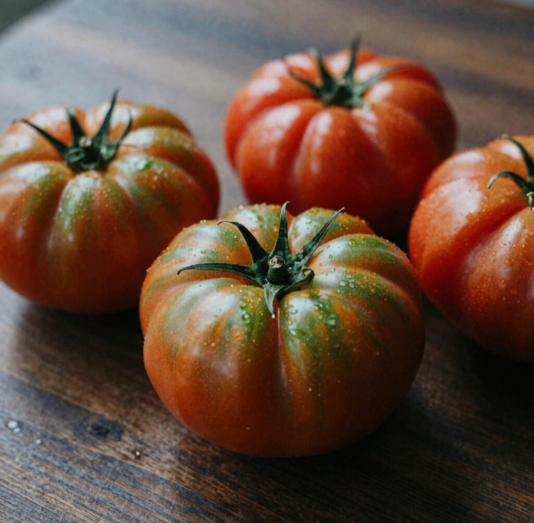 A tight macro shot of raw heirloom tomatoes on a dark wood prep table, soft Scandinavian side daylight casting deep shadows, 35mm film texture.