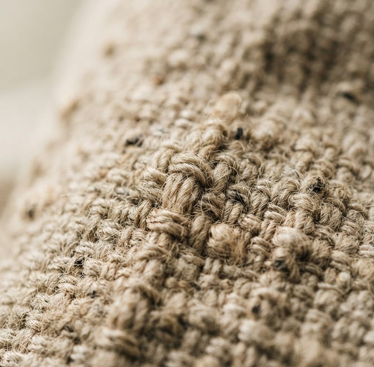 Tight macro shot of raw heavy-weight Belgian linen weave, soft afternoon window light casting gentle shadows, warm oatmeal tones, shallow depth of field.