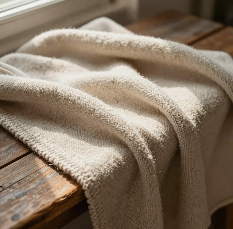 Draped un-dyed wool blanket over a worn wooden bench, warm afternoon light with soft shadows, tactile macro texture