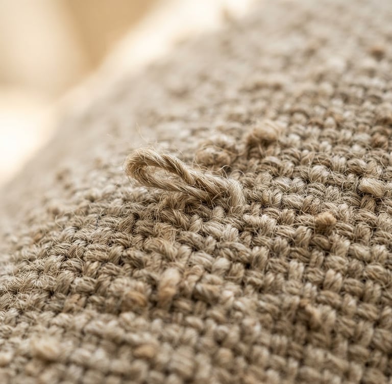 Macro photograph of heavy-weight un-dyed Belgian linen pillow cover, showing raw textured weave under soft afternoon window light, shallow depth of field