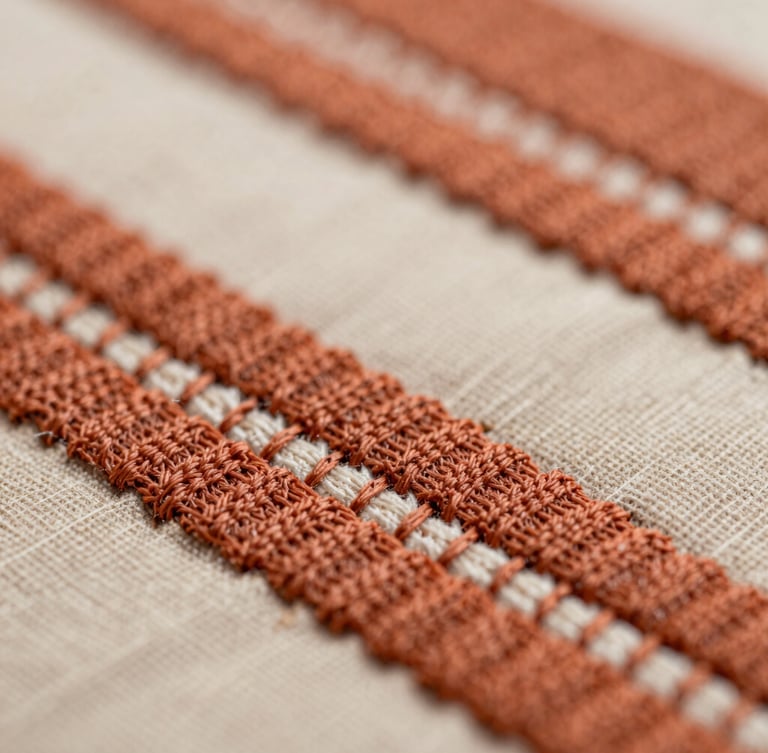 Extreme macro close-up of rich terracotta embroidery stitches layering over vibrant textile ink, showcasing physical texture and depth under soft workshop light.