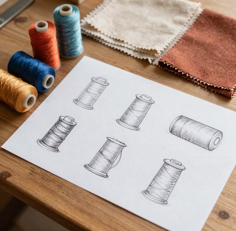 Overhead flat-lay of custom graphic sketches, colorful embroidery thread spools, and fabric swatches on a warm wooden workshop table, natural side-light.