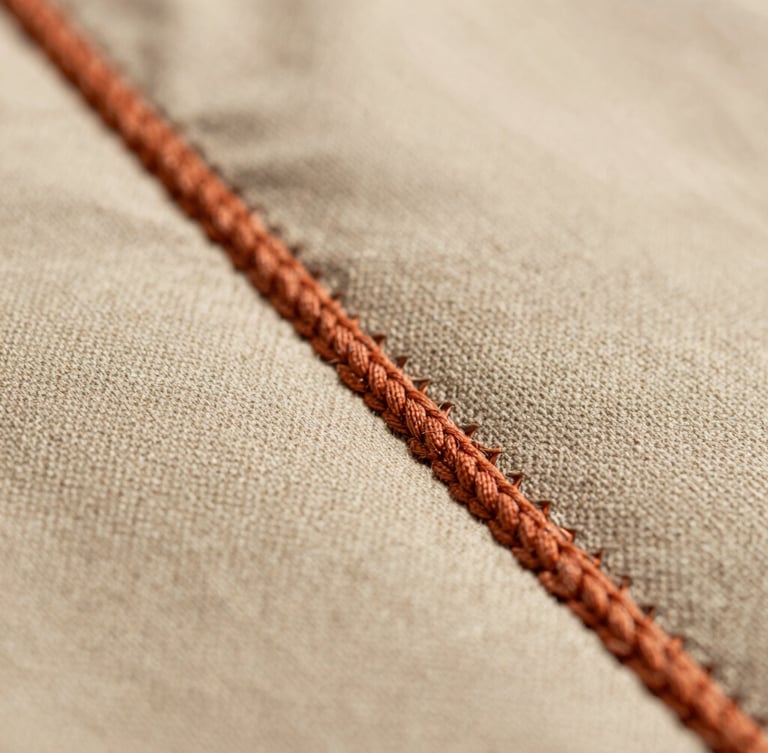 Extreme macro close-up of thick terracotta embroidery stitches on a soft sand cotton jacket, showing individual thread fibers and physical depth.