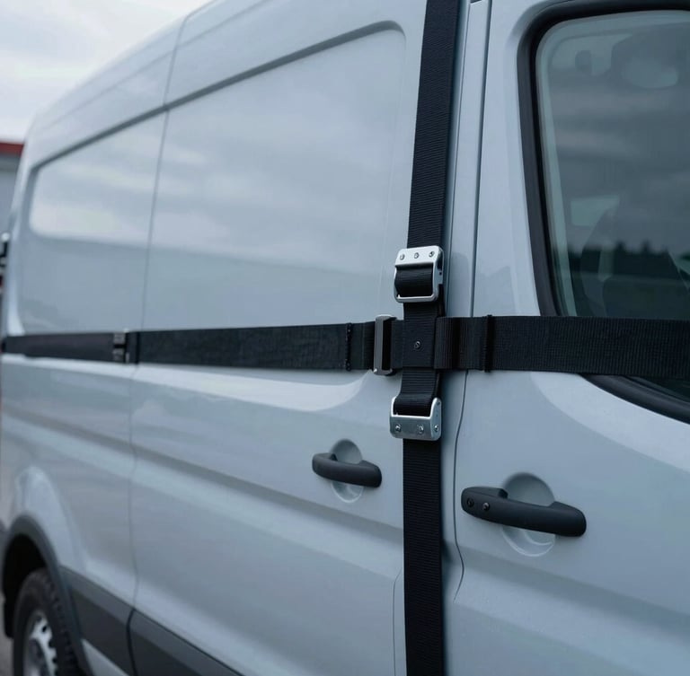 Close-up macro shot of secured cargo inside a modern Ford cargo van, clean industrial warehouse lighting, sharp focus on straps and metal anchors