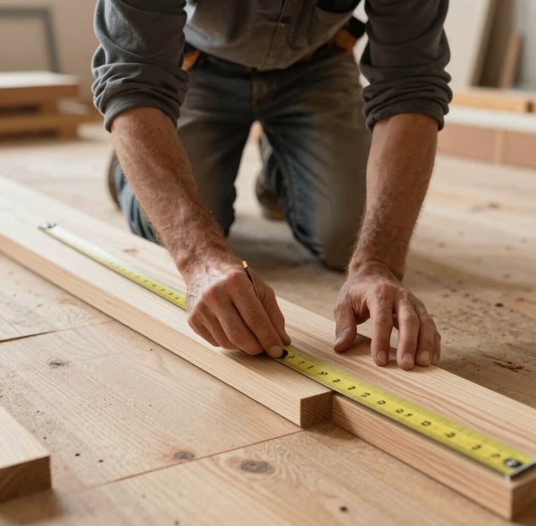 Master carpenter at work measuring and aligning raw oak planks on a prepared subfloor, soft side-lighting, 35mm