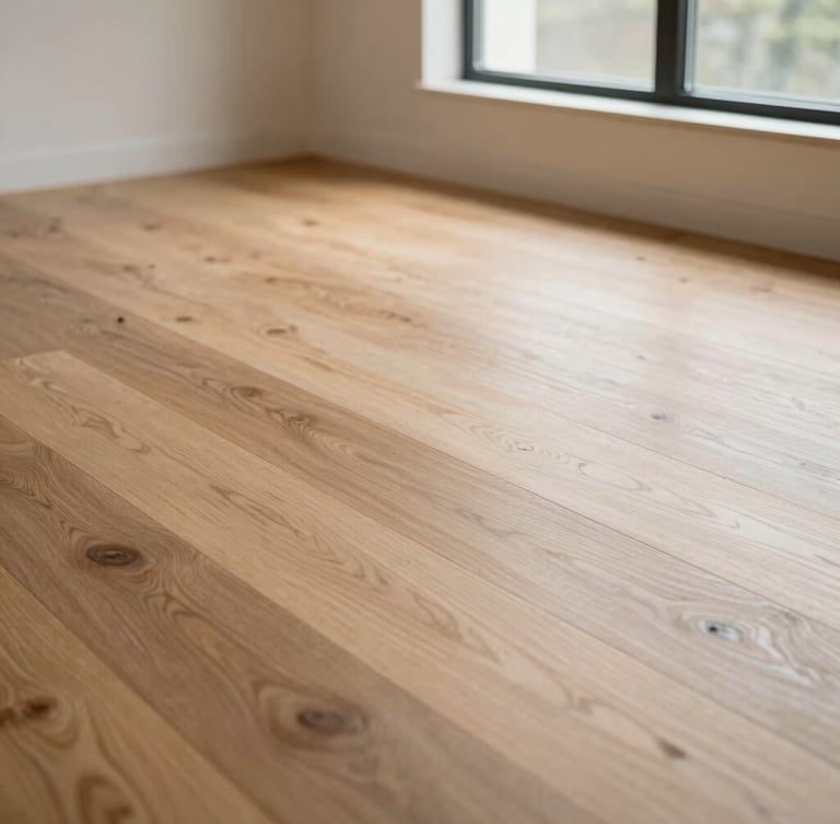 Low-angle wide shot of a finished residential room showing expansive oak floors in natural light, soft directional side-lighting from a large window highlighting wood texture, 35mm