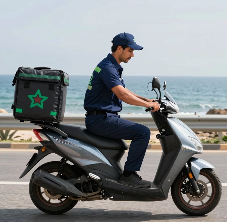 Side view of a professional Moroccan courier in clean dark blue uniform securing a package on a modern motorbike, coastal road of Safi in the background, sharp daylight.