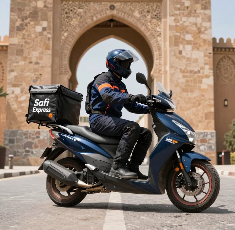 Low-angle dynamic shot of a Safi Express courier on a modern motorbike, wearing clean dark blue and orange gear, parked near the historic Bab Chaba gate in Safi, bright natural Moroccan coastal daylight, high contrast.