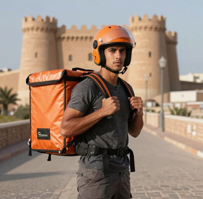 Portrait dynamique d'un coursier Safi Express équipé d'un casque et d'un sac à dos de livraison orange, posant fièrement devant le Château de Mer à Safi, lumière naturelle du jour