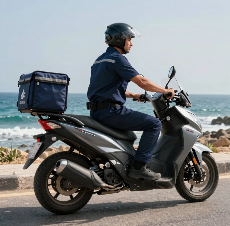 Low-angle shot of a professional courier in a clean dark blue uniform on a modern motorbike, parked on the coastal road of Safi with the Atlantic Ocean in the background, bright natural Moroccan daylight.