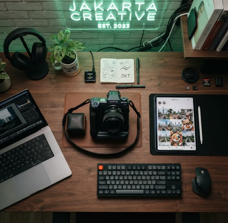 Overhead desk shot of a professional creative workspace in Jakarta, high-end camera gear, tablet showing social media grids, subtle green neon accents, sharp focus, 35mm