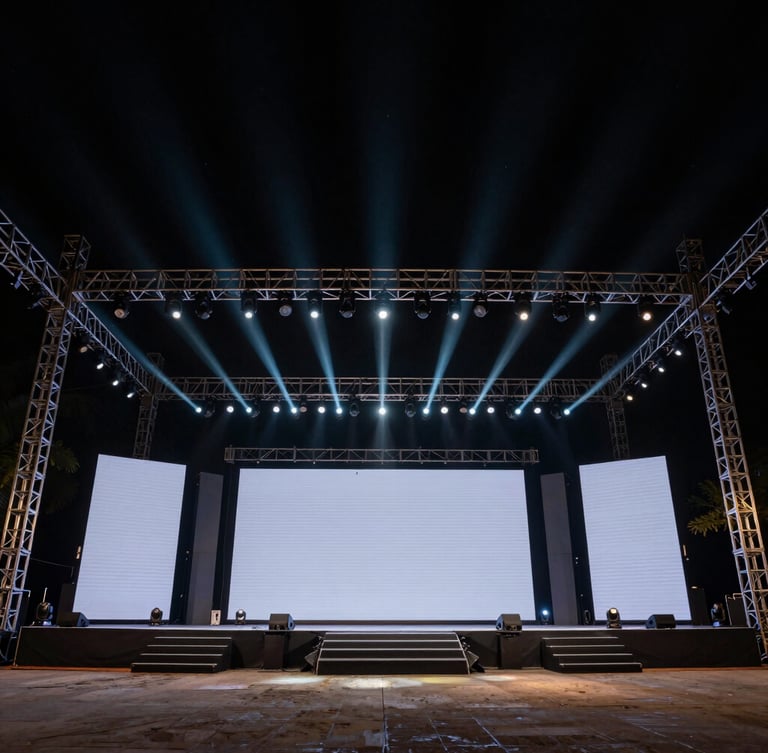 Wide-angle architectural shot of a massive corporate stage in Gurgaon, dramatic high-contrast theatrical spotlighting, sharp geometric truss structures, dark negative space.